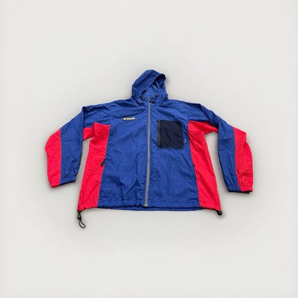 Vintage Columbia Mens Blue Red Packable Full Zip Hooded Raincoat Jacket Size L - Picture 1 of 9